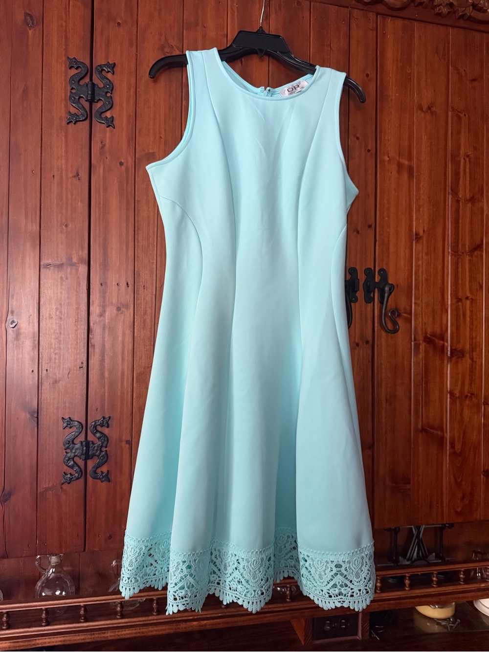 Donna Ricco Sleeveless Fit & Flare Dress in Light Aqua with Lace Hem